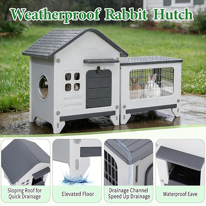 Rabbit Hutch Outdoor Indoor Plastic Waterproof Bunny Cage Enclosure Chew-Proof Rabbit House Guinea Pig Cage Pet House for Small Animals,Two Room