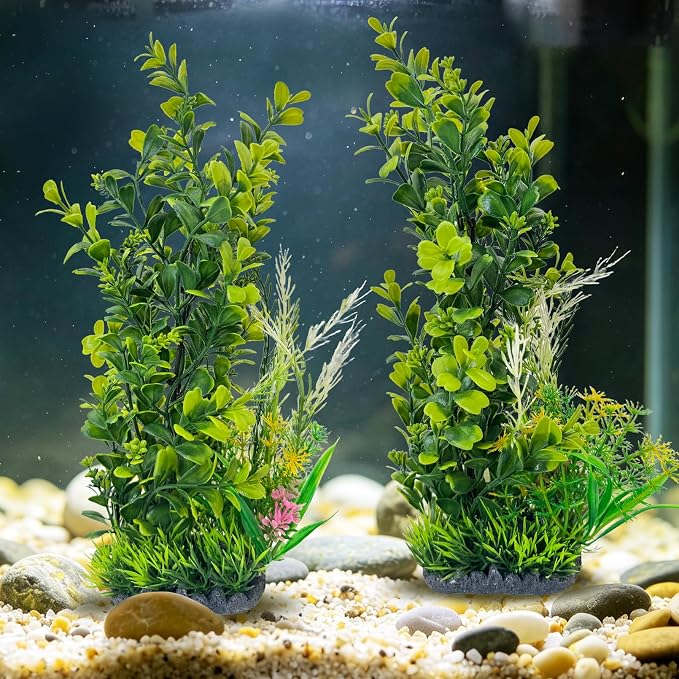 kathson 2Pcs Plastic Aquarium Plants 12.6 Inch Artificial Fish Tank Plants Large Aquarium Decorations Fake Seaweed Tall Fish Tank Decorations (Green)