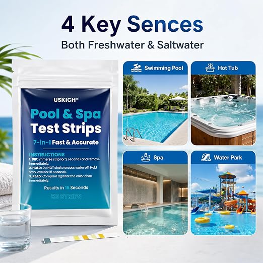 7 in 1 Pool Test Strips, 150-Count Hot Tub & Spa Test Strips, Pool Water Testing Kit Accurately Tests Bromine, Total Alkalinity, pH, Free Chlorine, Total Hardness, Cyanuric Acid and Total Chlorine