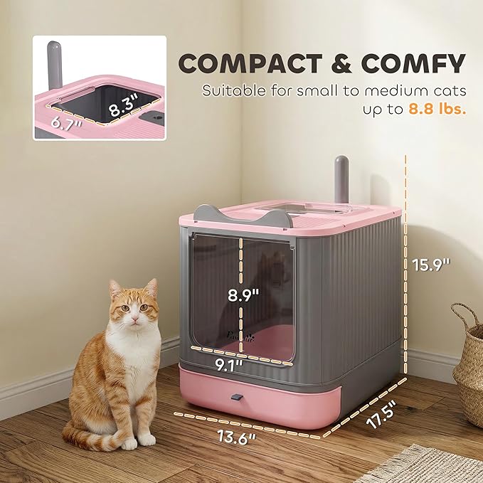 PawHut Cat Litter Box with Lid, Enclosed Litter Box for Medium Cats, Front-Entry and Top-Exit, Scoop, Deodorizer Bag, Easy Clean & Non-Sticky, Anti-Leakage, Pink