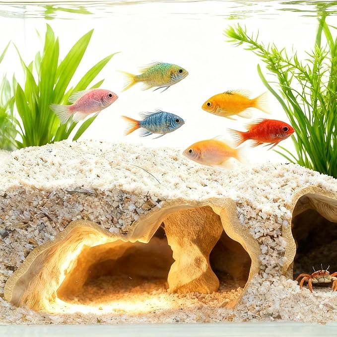 Aquarium Cave Tunnel 3D Printed - Fish Tank Decoration Natural Fish Hideout for Pleco, Shrimp & Corydoras | Sinking Base & Viewing Ports | Substrate-Friendly Decor (6.7" Under Gravel Design)