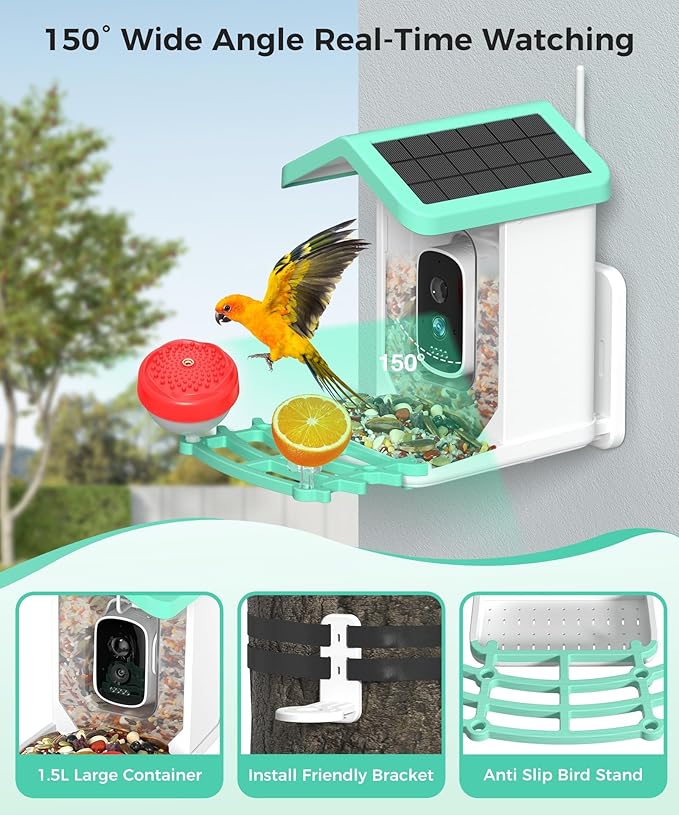 Smart Bird Feeder with Camera, Solar Powered Bird Feeder Camera for Outdoors, AI Bird Identification, Auto Capture & App Notification, Waterproof Bird House for Backyard Garden Present