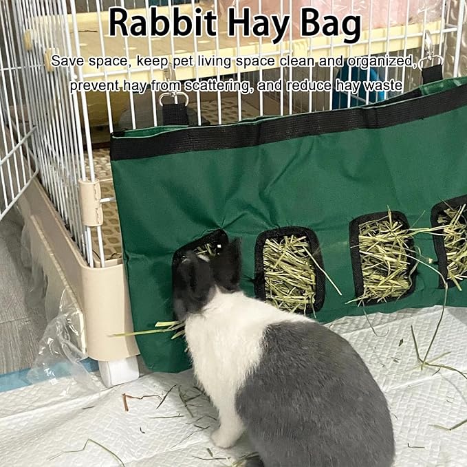 Rabbit Hanging Hay Feeder Bag Large Capacity Small Animal Hay Dispenser 600D Oxford Cloth Rabbit Hay Storage Bag for Bunnies Guinea Pigs Chinchillas (Green)