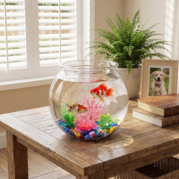 1 Gallon Clear Plastic Fish Bowl Set, Shatterproof Round Aquarium with Colorful Pebbles, 3 Artificial Plants and PVC Coral, Small Betta Fish Tank for Desk, Shelf, Home Decoration