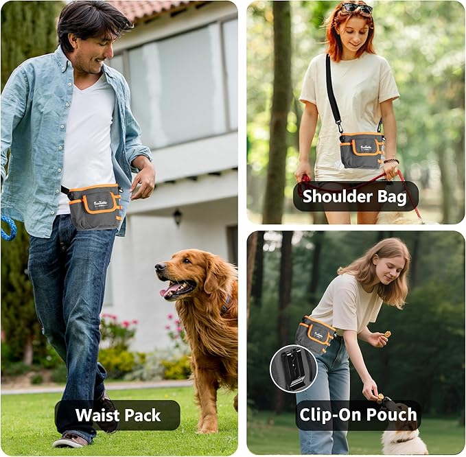 Upgraded Dog Treat Pouch with Quick-Release Magnetic Closure, 3-Way Wear Treat Bags, 900D Waterproof Fabric, 4 Storage Spaces, Treat Pouch for Pet Training Walking (Dark Grey)