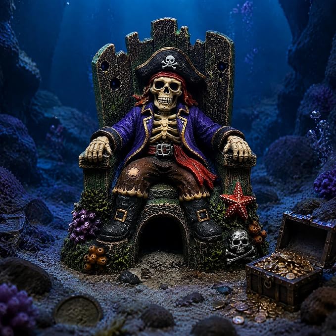 Pirate Skeleton Throne Aquarium Ornament Resin Fish Tank Hideout Cave for Small Fish Realistic Skull King Castle Decor 15cm Gothic Gothic Statues Freshwater Saltwater A