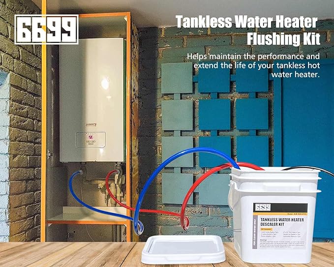 Tankless Water Heater Flushing Kit Includes 1/6HP Submersible Sump Pump with Two Adapters & 3 Gallons Pail with Bucket Lid Opener & Two 1/2” Dia X 6’ PVC Hoses with Washers