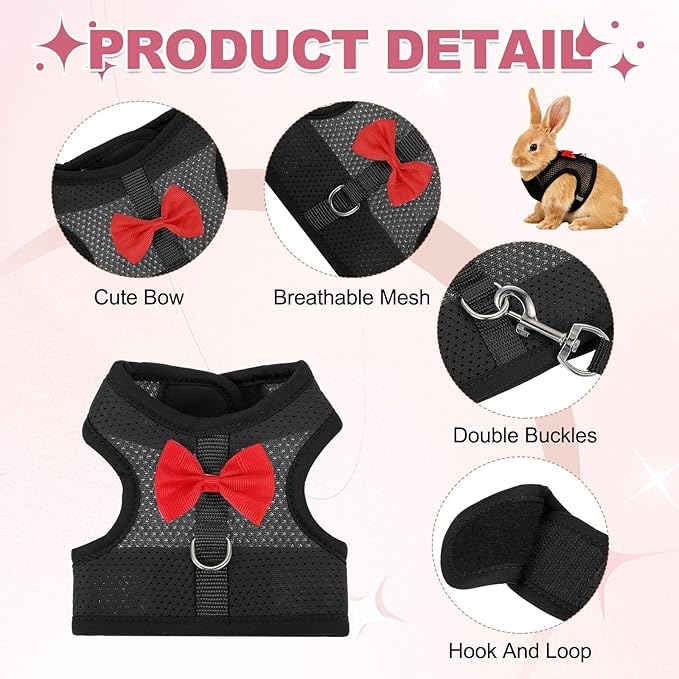 Rabbit Harness and Leash, Small Pet Cute Vest Harness Leash Soft Adjustable Buckle Breathable Mesh (M, Black) for Bunny Kitten Small Pig Puppies Camping Hiking Training