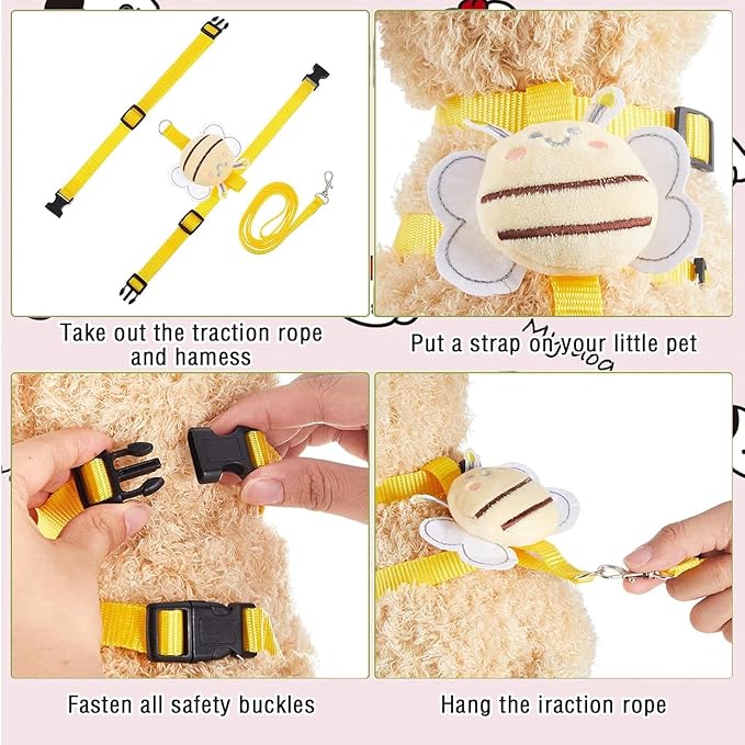 4 Sets Leash Set Small Pet Cute Vest Harness Leash and Adjustable Bunny Rabbit Harness with Decoration for Bunny Ferret Small Pets(Bees)
