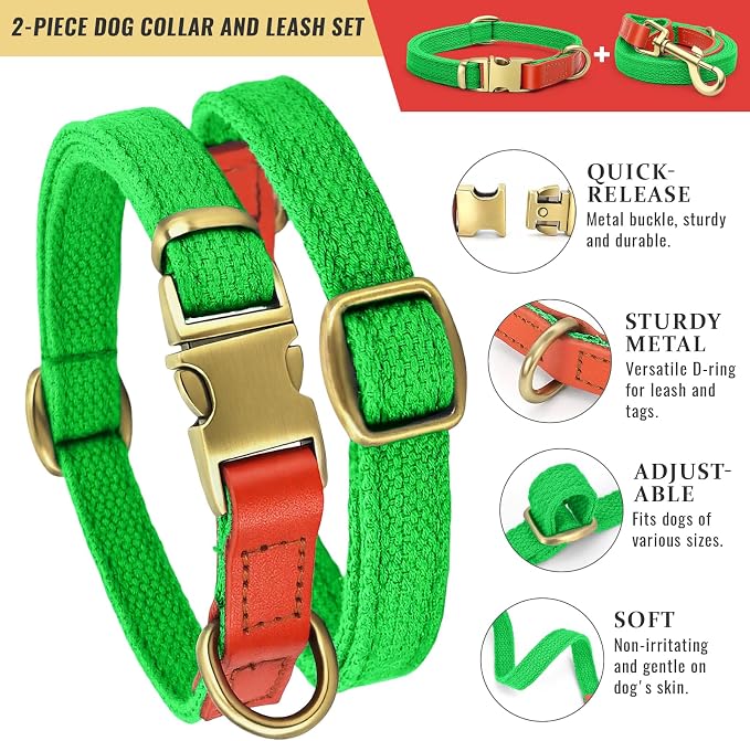 Dog Collar and Leash Set with Metal Quick Release Buckle, Adjustable, Breathable Nylon, Durable, Soft and Comfortable, No Pull for Walking and Training, Fluorescent Green, M (12.5"-19.6")