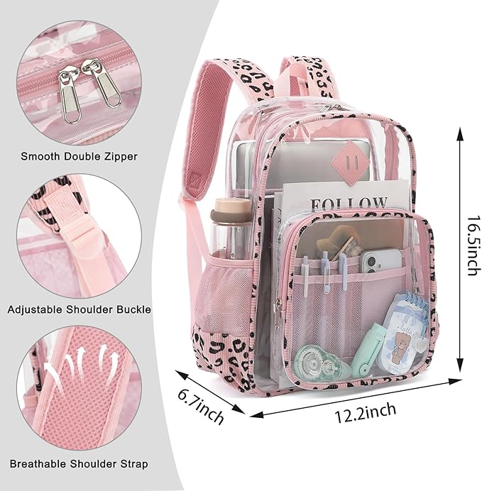 Clear Backpack for Girls Women School Bookbag Heavy Duty Transparent Backpacks (Pink Corduroy Leopard)
