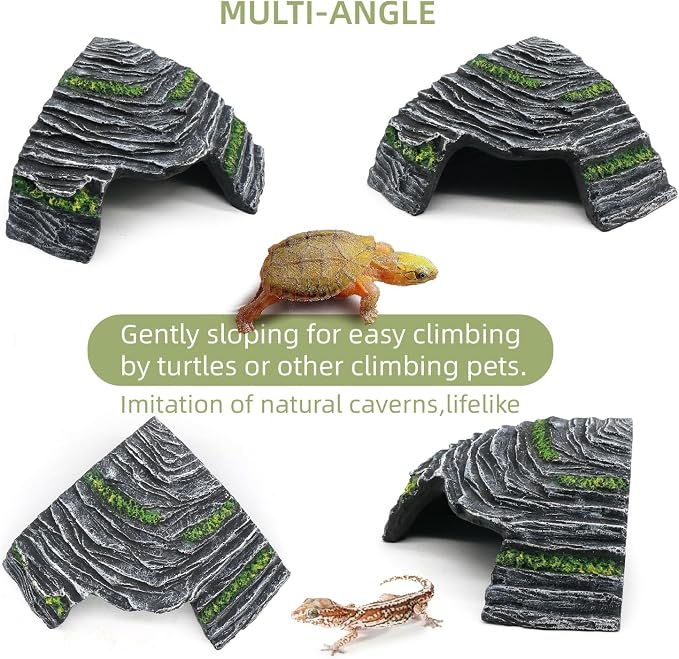 Small Turtle Basking Platform Climbing Ramp Shale Scape Step Ledge, Reptile Cave Hideout Aquarium Tank Accessories Decorations, Great for Reptiles, Amphibians, Leopard Gecko, Frogs