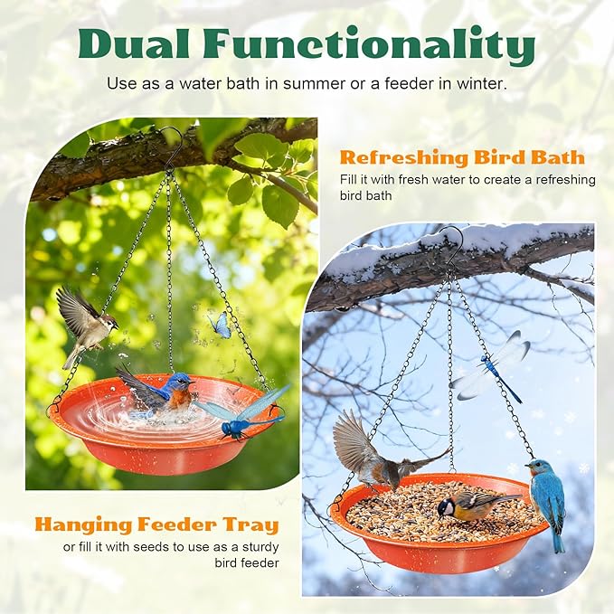 Hanging Bird Bath for Outdoors–Rust Proof Orange Bird Water Bowl with Dragonfly Decor,11.4 Inch Shallow Bird Feeder Tray with Chains,Garden Decor for Yard, Patio, Wild Birds
