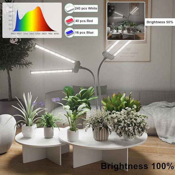 LED Grow Light,Super Bright 6000K White Full Spectrum Clip Plant Growing Lamp with Rotatable Dual Head for Indoor Desk Plants,Dimmable & Timer 4/8/12H,High Power Output for Faster Growth,2-Head