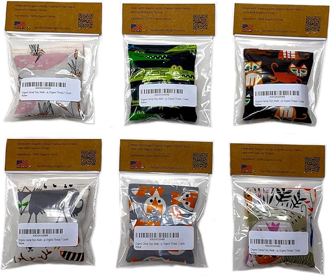 One Organic Catnip Toy from multiple designs, Made with GOTS Certified Organic Fabric, Organic Catnip, Organic Thread, Handmade in the USA