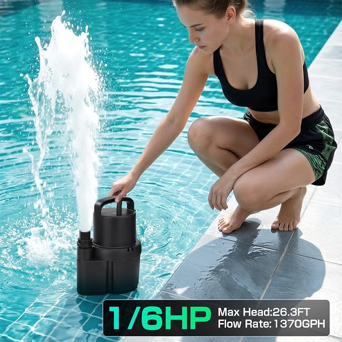 D-HONOR Submersible 1/6 HP 1370GPH, Sump Pump Submersible for Clean Water | Electric Utility Pump with 1" Water outlet and 3/4" Garden Hose Adaptor for Swimming Pool Garden Pond Draining