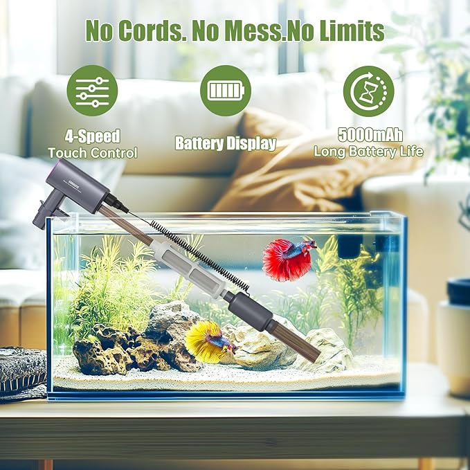 Cordless Aquarium Gravel Cleaner Vacuum: 6-in-1 Electric Fish Tank Cleaner, 36W Rechargeable & 650GPH Strong Suction Automatic Water Changer, Touch Control, Fits 5–150 Gallon Tanks
