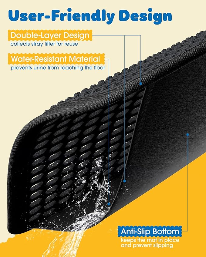 Powools 35" x 30" Cat Litter Mat - Ultra-Large Litter Box Mat with Double Layers, Urine-Proof and Non-Slip Litter Trapping Mat, Easy to Clean Kitty Litter Mats for Floor, Scatter Control, Black