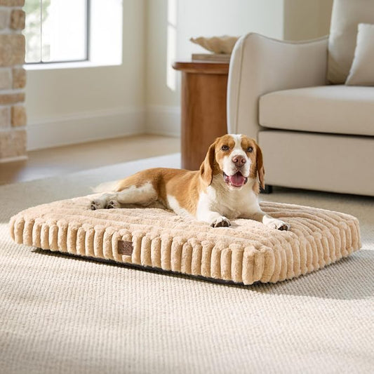 Bedsure ComfyFleece™ Dog Bed Large Sized Dog Crate Pillow 35x22 Sandy Beige | Aesthetic Crate Bed for Balanced Support Cute Chopped Foam Pad with Removable Washable Cover Non-Slip Waterproof Cozy Pet Mat