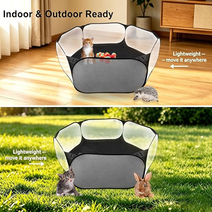Small Animal Playpen, Portable 6-Sided Foldable Yard Fence for Rabbits, Hamsters, Chinchillas, Hedgehogs, High-Strength Steel Mesh Tent for Indoor & Outdoor Use (Black)
