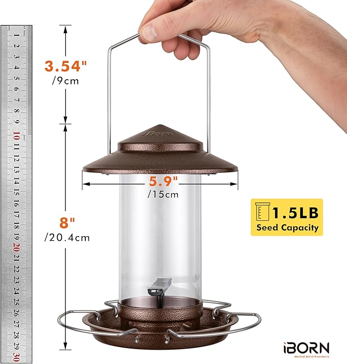 iBorn Bird Feeder Metal Squirrel Chew Proof Bird Feeders for Outdoors Hanging Outside for Cardinal, Holds 1.5LB Seed with 3 Perchs, Brushed Coffee (Seed is not Included)