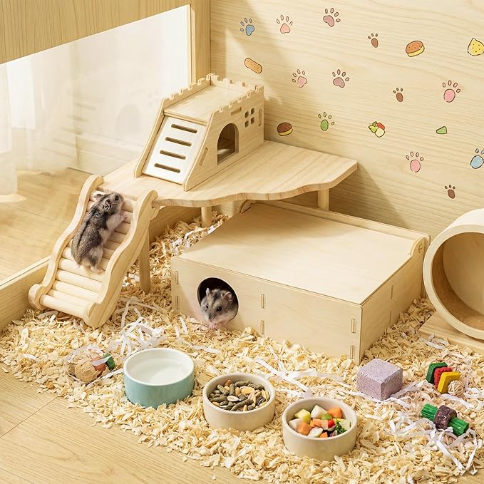 BreezeHug 4 Pcs Hamster Platform Hideout Wooden Tunnel Ladder Playhouse Hamster Game Climbing Toy with Platform Cage Accessories for Pets Dwarf Syrian Mice Degus Gerbils Squirrel(Castle)