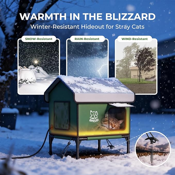 Apasiri Outdoor Cat House Weatherproof – Insulated Feral Cat Shelter with Heating Pad, Water Resistant 900D Oxford, Anti-Peep Curtains & Escape Door, Elevated Design for All Seasons, Small