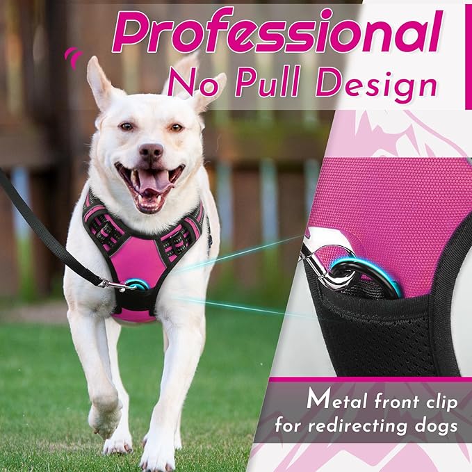 Eagloo Dog Harness Medium Sized Dog, No Pull Service Vest with Reflective Strips and Control Handle, Adjustable and Comfortable for Walking, No Choke Pet Harness with 2 Metal Rings, Rose Red, M