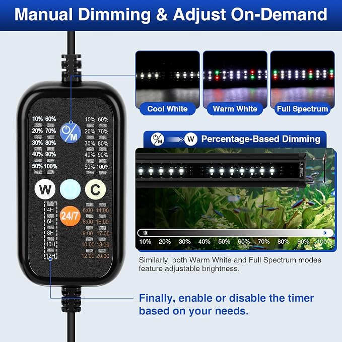 fishkeeper Aquarium Light,LED Fish Tank Lights with Auto Time Sync & 24/7 | IP68 Waterproof Extendable Bracket DIY Full Sprctrum Aquarium Plant Lights with Timer/Dimming, Memory Function for 12-18 inch