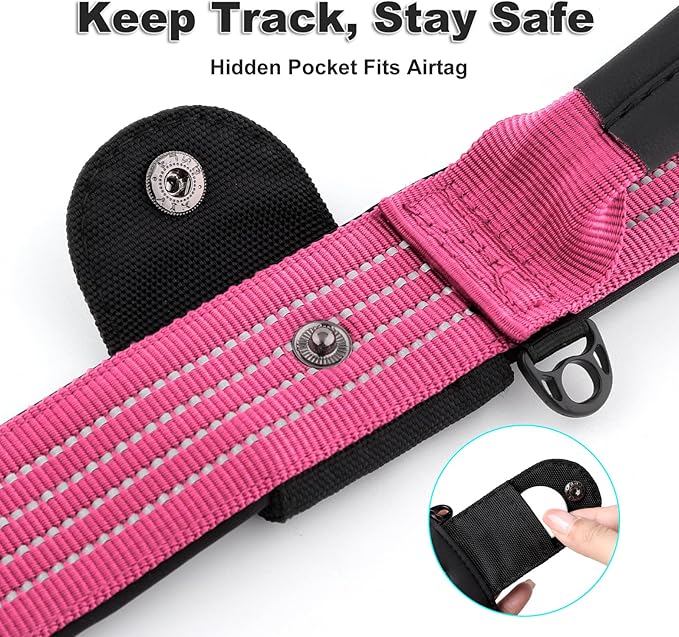 Plutus Pet Tactical Dog Collar with Tracker Pocket for AirTag, Adjustable Reflective Nylon Collar, Metal Buckle, Leather-Wrapped Handle, Soft Padded for Medium Large Dogs (Pink, L)