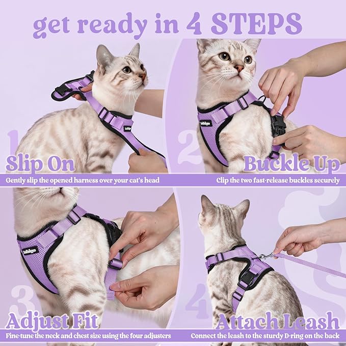 rabbitgoo Cat Harness and Leash for Walking, Escape Proof Soft Adjustable Vest Harnesses for Cats, Easy Control Breathable Reflective Strips Jacket, Light Purple, XS