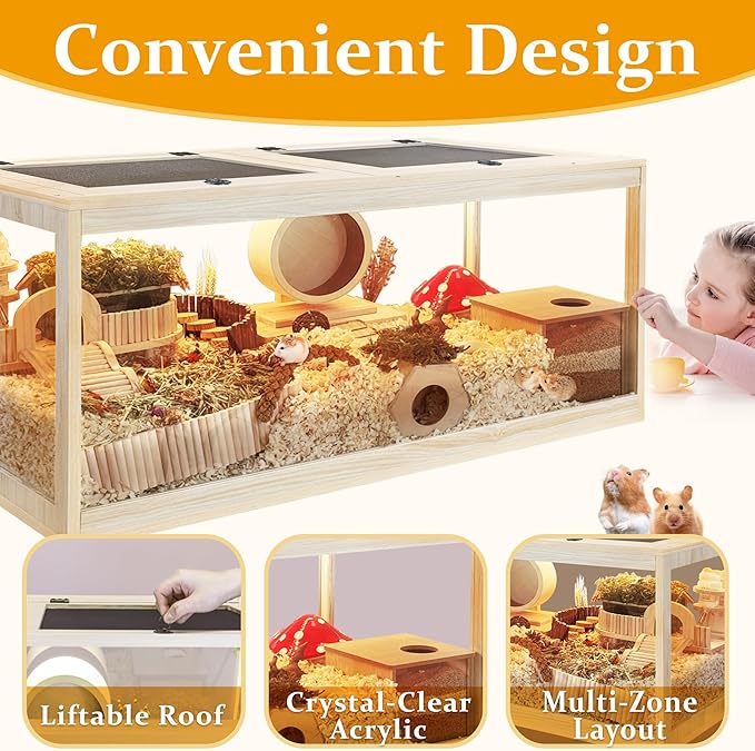 PROLEE Hamster Cage with Metal Mesh Top, Chewproof Wooden Guinea Pig Cages, Mice and Rat Habitat,Large Hamster Cages with Acrylic Sheets Solid Built (48X20X20 Inch)