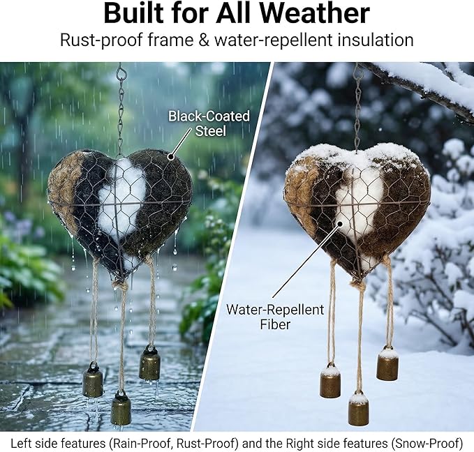 Handmade Alpaca Fiber Bird Nesting Heart Material with 3 Bells, Metal Wire Cage Holder for Wild Birds Hummingbirds Goldfinches, Refillable Garden Decor & Bird Lover Gift