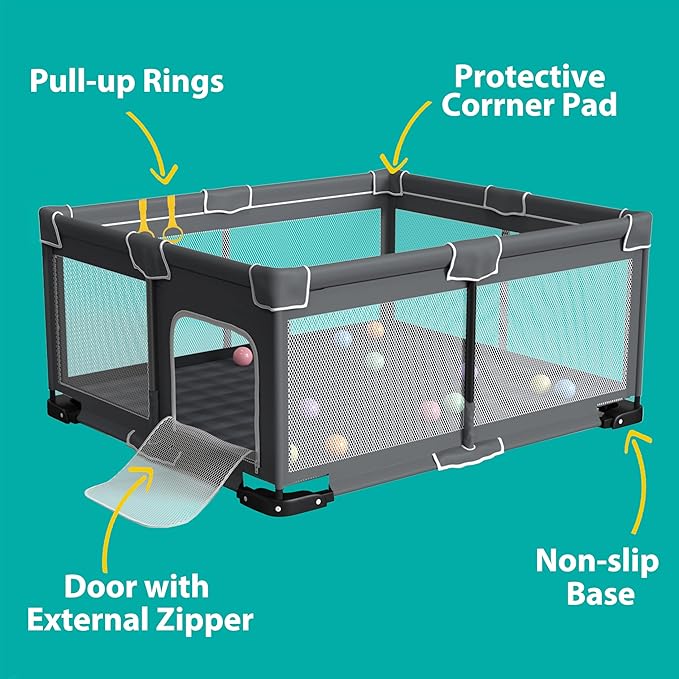 ICAREWAY Foldable Playpen for Babies and Toddlers, 59x71 Inches Portable Playpen, Kids Collapsible Play Pen with 2 Handlers, Indoor & Outdoor Baby Fence Play Area with Visible Mesh, Dark Gray