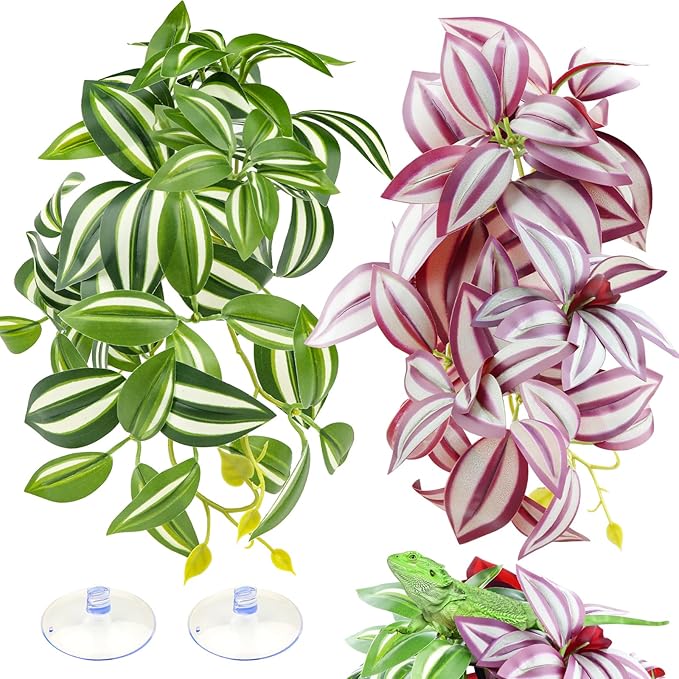 QUOZUO 2 Pack Reptile Plants, Artificial Hanging Plants with Suction Cups, Habitat Decor Plastic Vines Decorations for Bearded Dragons Lizards Snake Geckos Frogs -Purple and Green