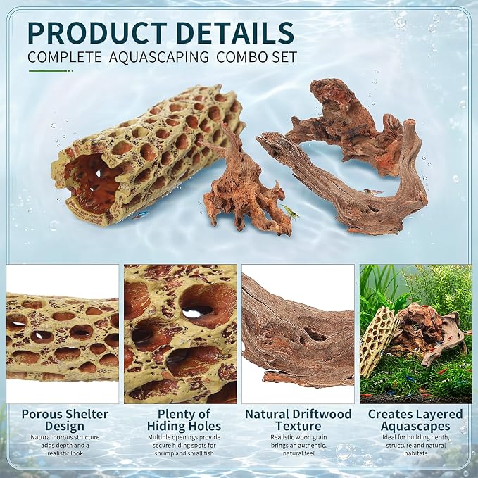 Layhit 6 Pcs Aquarium Driftwood and Cholla Wood, Fish Shrimp Tank Decor | 4-9" Natural Driftwood for Aquarium Decor, 2" x 5.7" Shrimp Hides Resin Cholla Wood, Reptile Hermit Crab Tank Accessories