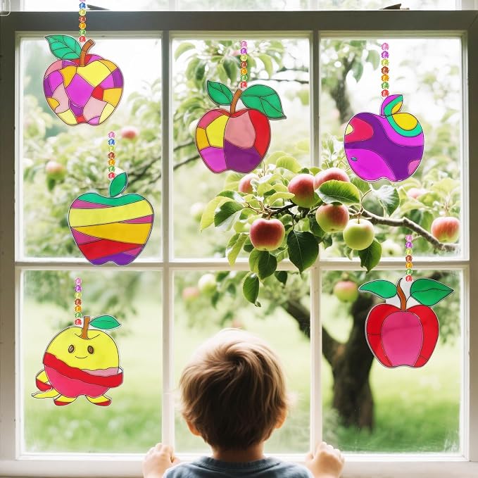 30 Set Apple Suncatcher Craft Kits, Blank Back to School Sun Catcher Art | DIY Window Paint Art Sets for First Day of School Supplies Home Party Activities Art Project