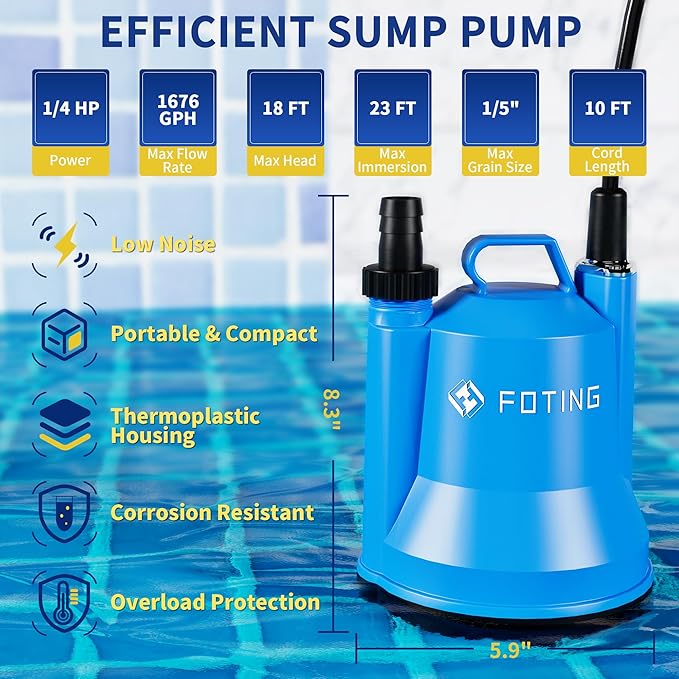 FOTING Sump Pump, 1/4HP 1676GPH Portable Submersible Water Pump for Clean&Dirty Water Removal, Thermoplastic Electric Utility Pump with 10FT Cord for Pool Draining Hot Tub Garden Basement, Blue
