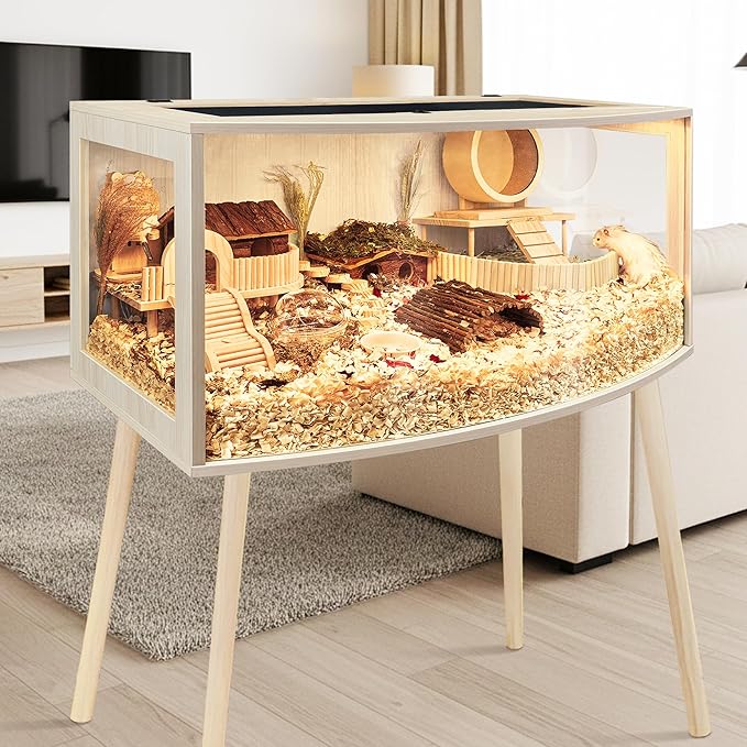Prolee Hamster Cage with Curved Design,Chew Proof Wooden Hamsters Enclosure with Leg Stand and Openable Top or Gerbils,Hamster Habitat (32"x16"x16")