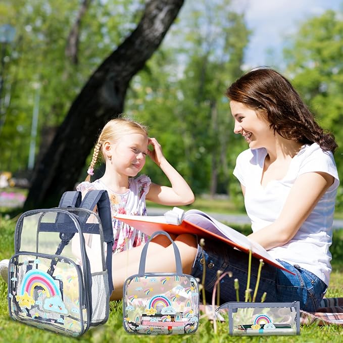 Kacctyen 3 Pcs Clear Backpack Heavy Duty Clear Stadium Bag Transparent Backpack with Lunch Bag(Blue Purple,Rainbow)