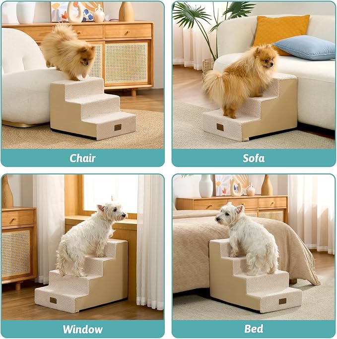 COZY KISS Dog Stairs for Small Dogs, 4 Tier Pet Stairs for Couch and Beds, 17.7" H Non-Slip Dog Steps for Old Cats, Puppy, Small Medium Dogs, 15.7x23.6x17.7 inch, Beige