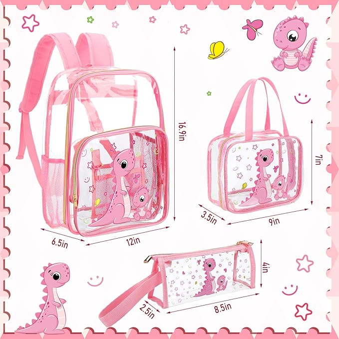 Kacctyen 3 Pcs Clear Backpack Heavy Duty Clear Stadium Bag Transparent Backpack with Lunch Bag(Pink,Dinosaur)