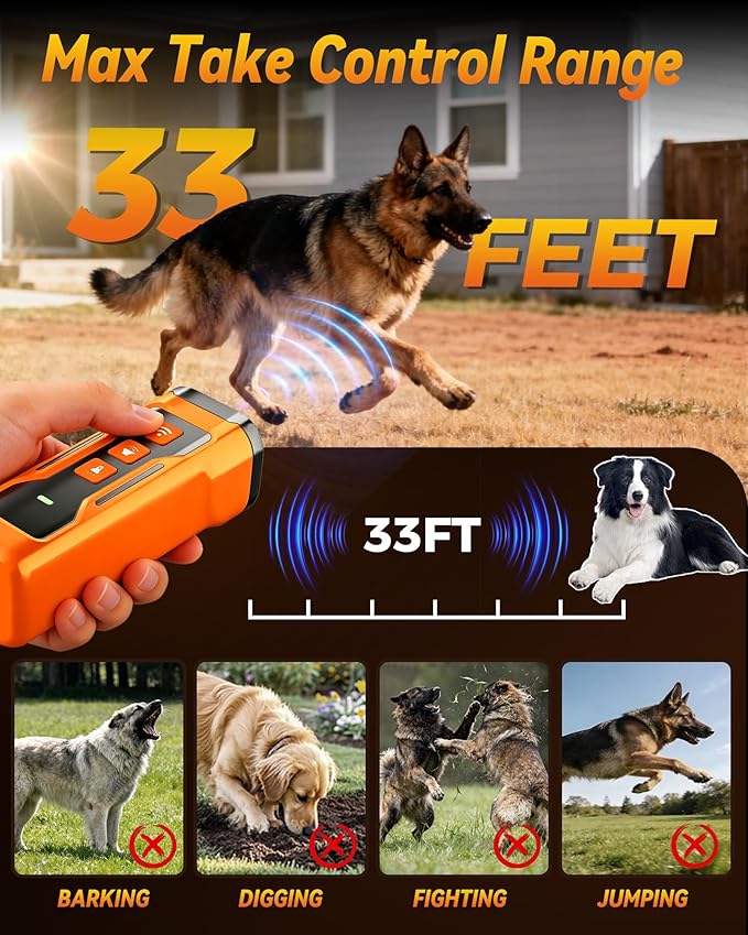 Dog Bark Deterrent Devices, 6 Modes 3X Ultrasonic Anti Barking Device for Dogs, 33 FT Range Barks No More Indoors Neighbor Outdoors with Flashlight,Dog Training Device