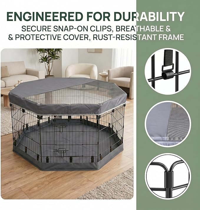 PJYuCien Dog Playpen with Top Cover and Bottom Pad - Metal Foldable Exercise Pen, 8 Panels 30" H x 24" W Indoor Outdoor Pet Fence Puppy Crate Kennel, Gray