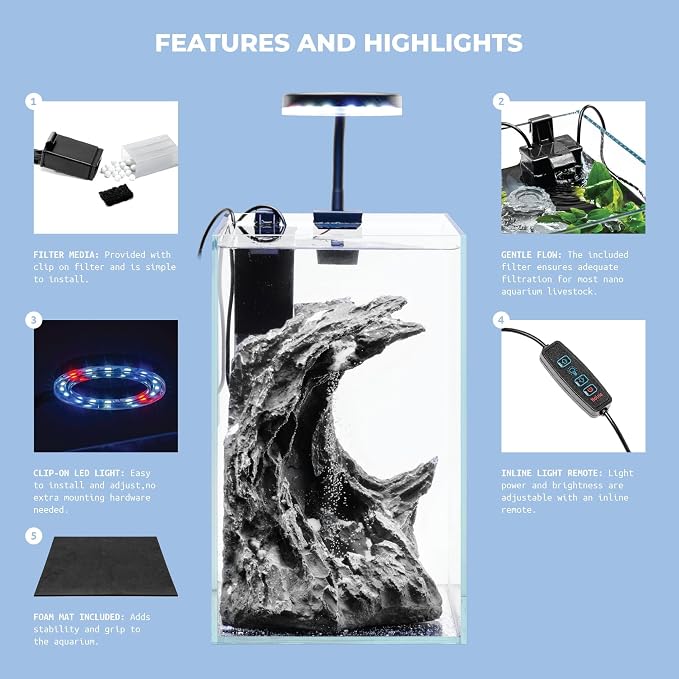 Sand Waterfall Tank Kit - Silent Operation Falling Sand Fish Tank w/LED Light and Self Cleaning Filtration - Desktop Rimless Starter Aquarium Kit, Just Add Plants - 3.38GAL | 12.8L (A1)