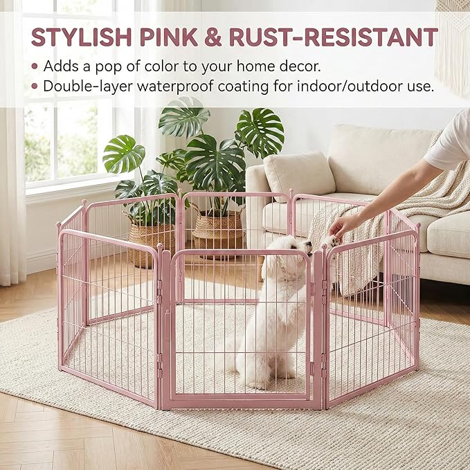 Pink Dog Playpen for Small Dogs & Puppies - 24 Inch Metal Pet Fence Indoor Outdoor with Door, Foldable Exercise Pen, Portable Rabbit Enclosure for Camping, RV, Yard (8 Panels)