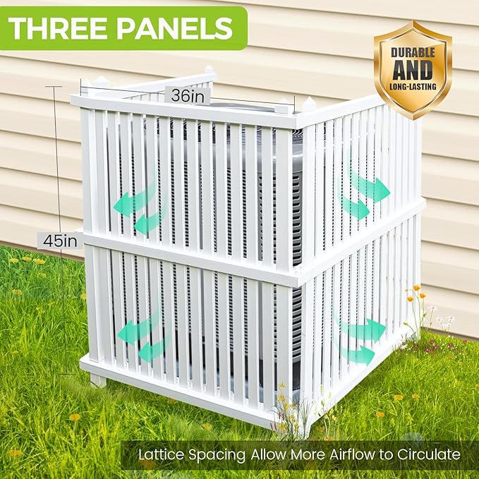 Air Conditioner Fence 36" W X 45" H Trash Can Fence Pool Equipment Enclosure Vinyl Privacy Fence Outdoor No Dig Privacy Fence 3 Panels with Metal Stake, White