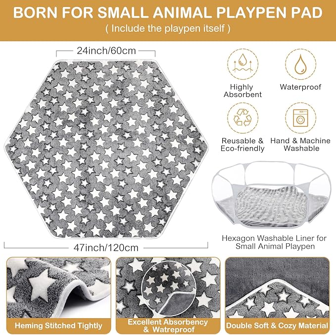 VitalCozy Hamster Playpen with Mat Small Animal Cage Tent Breathable Transparent Guinea Pig Playpen Waterproof Portable Yard Fence Mat Foldable Exercise Playpen Outdoor Indoor (Gray,Star)