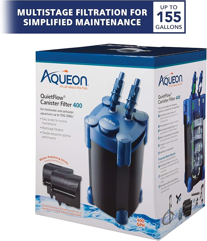Aqueon QuietFlow Canister Aquarium Filter 100-150 Gallons | 150 gallon fish tank filter with biological, chemical and mechanical stages, spray bar and polishing unit