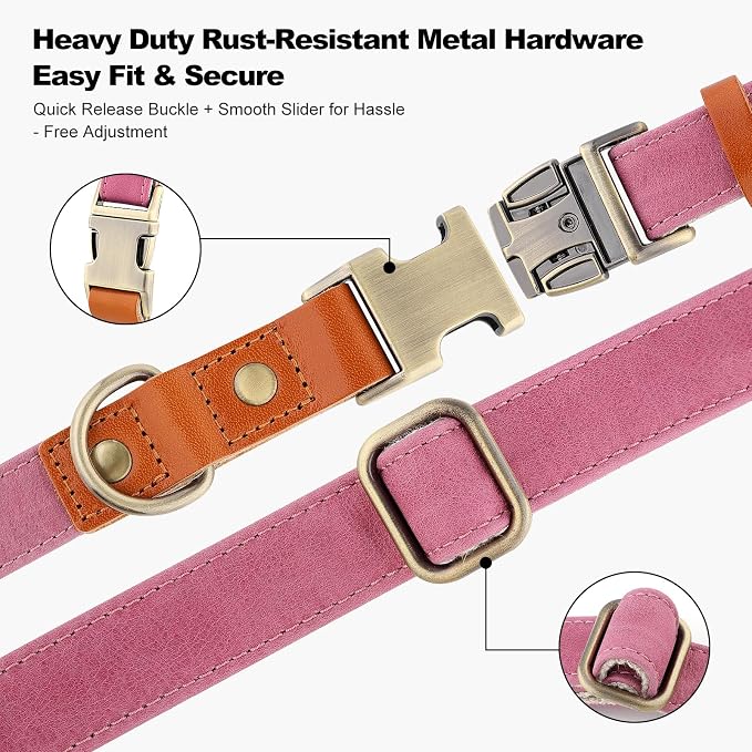 Plutus Pet Genuine Leather & Hemp Dog Collar – Adjustable Heavy Duty Pet Collar with Quick Release Metal Buckle, Soft & Stylish for Puppy and Small, Medium, Large Dogs (Pink, L)